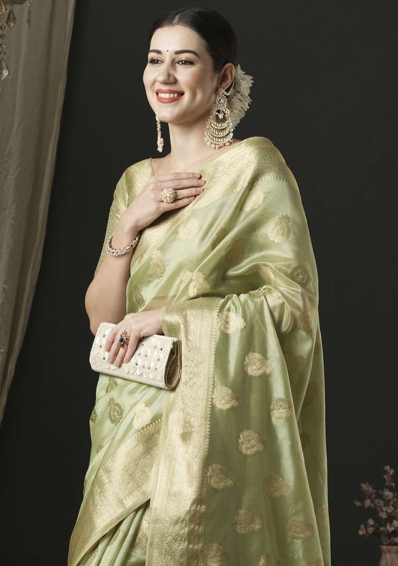 Light Green Printed Organza Saree Set for Diwali and Festive Wear - Indya