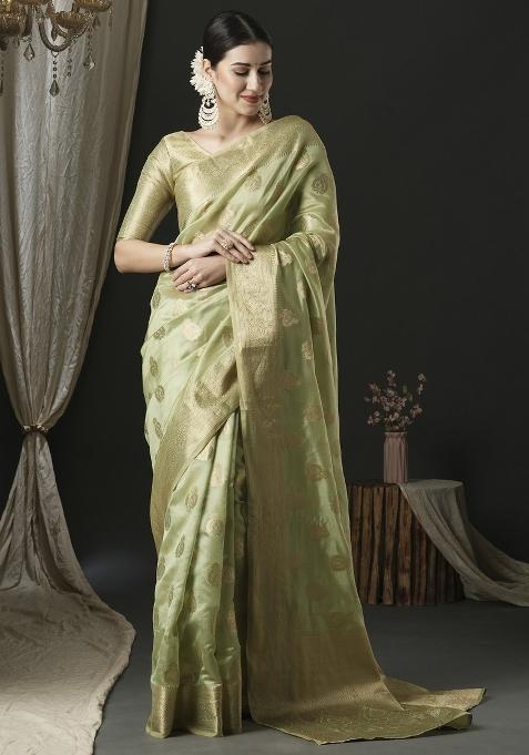 Light Green Printed Organza Saree Set — view on Indya