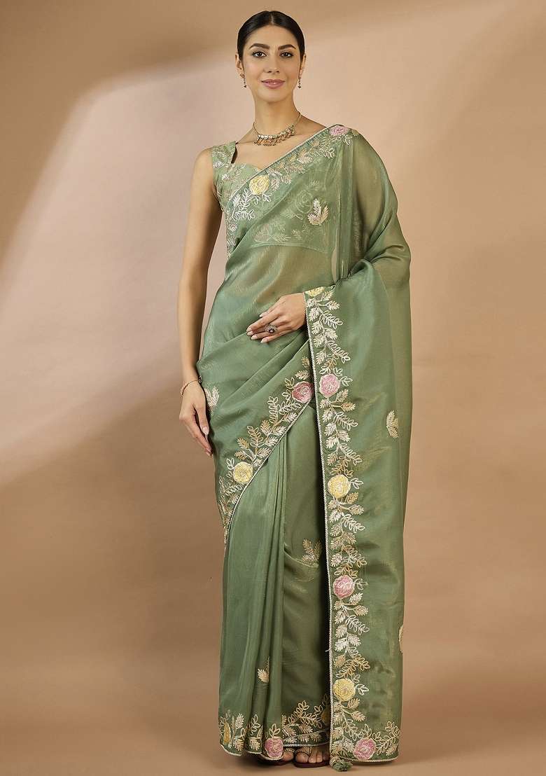 Sea Green Printed Organza Saree Set - Indya