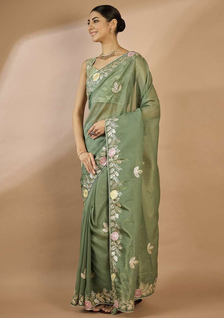 Sea Green Printed Organza Saree Set - Indya