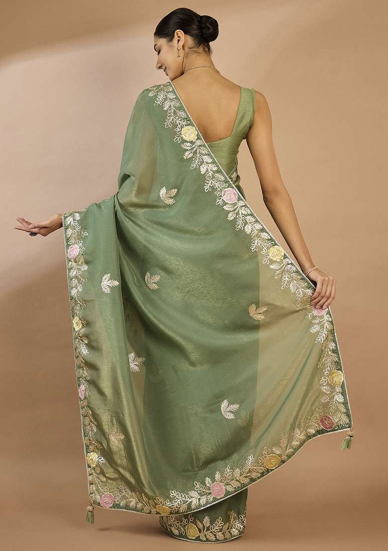 Sea Green Printed Organza Saree Set - Indya