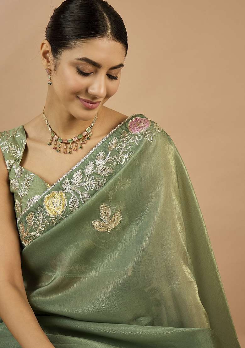 Sea Green Printed Organza Saree Set - Indya