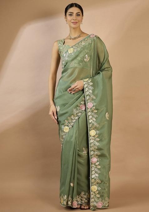 Sea Green Printed Organza Saree Set — view on Indya