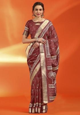 Rust Printed Cotton Silk Saree Set
