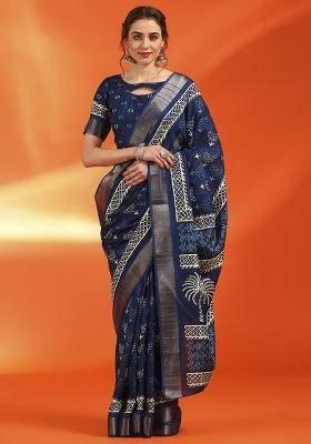 Navy Blue Printed Cotton Silk Saree Set