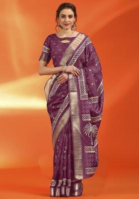 Magenta Printed Cotton Silk Saree Set
