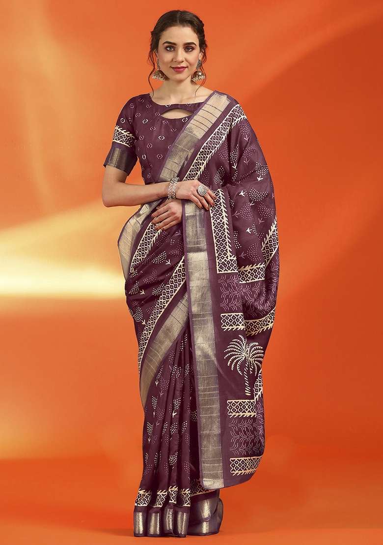 Burgundy Printed Cotton Silk Saree Set - Indya