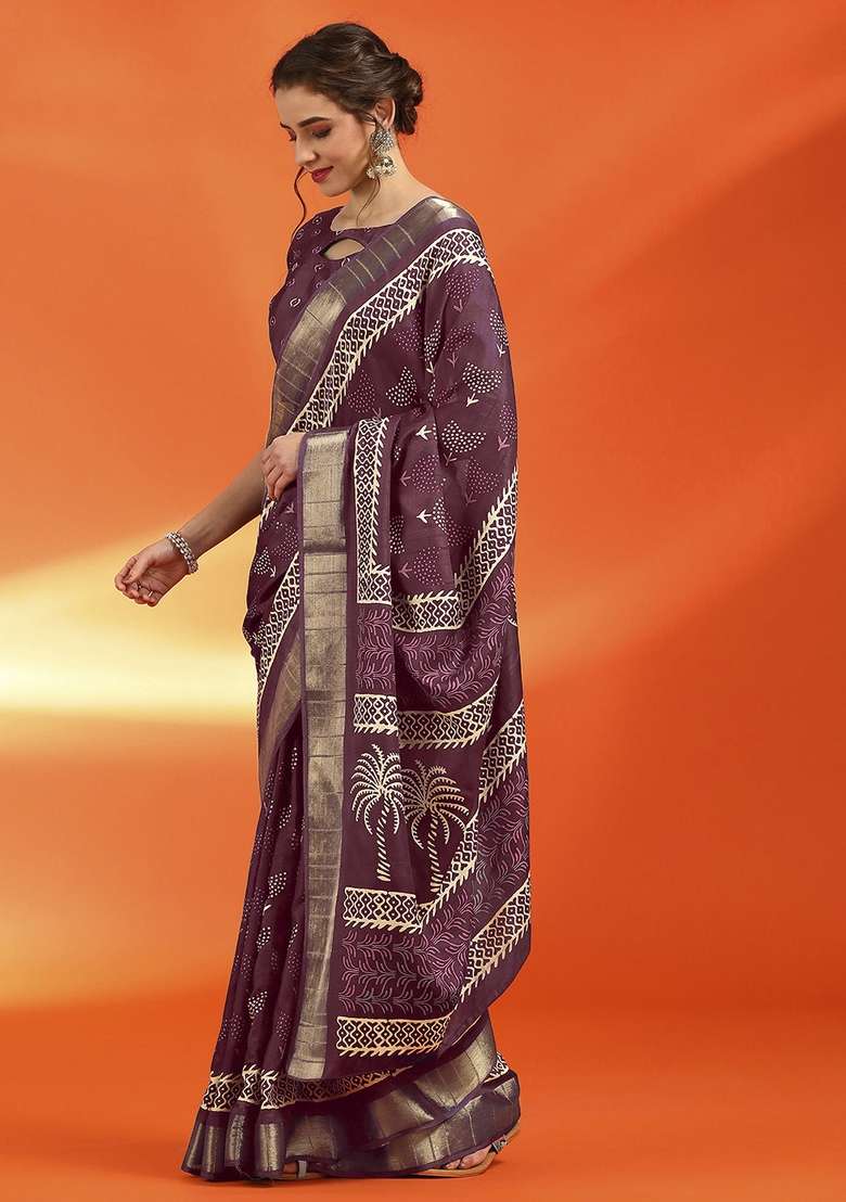 Burgundy Printed Cotton Silk Saree Set - Indya