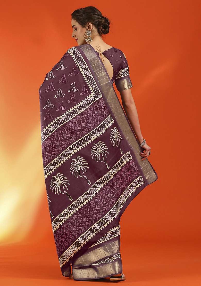 Burgundy Printed Cotton Silk Saree Set - Indya