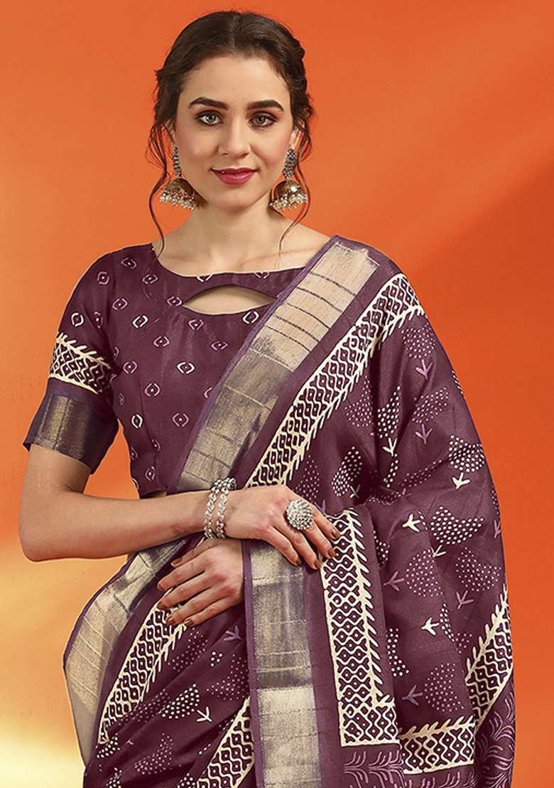 Burgundy Printed Cotton Silk Saree Set - Indya
