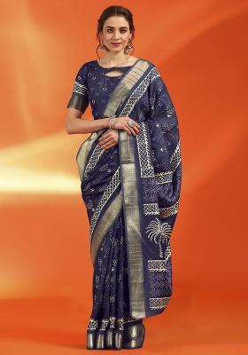 Purple Printed Cotton Silk Saree Set
