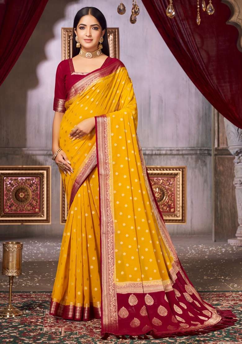 Yellow Printed Georgette Saree Set - Indya