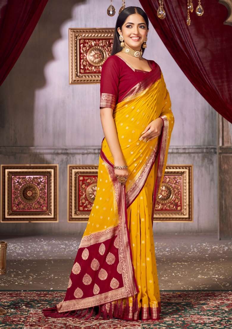 Yellow Printed Georgette Saree Set - Indya