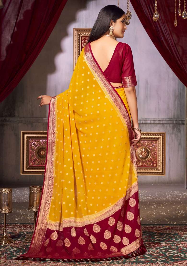 Yellow Printed Georgette Saree Set - Indya