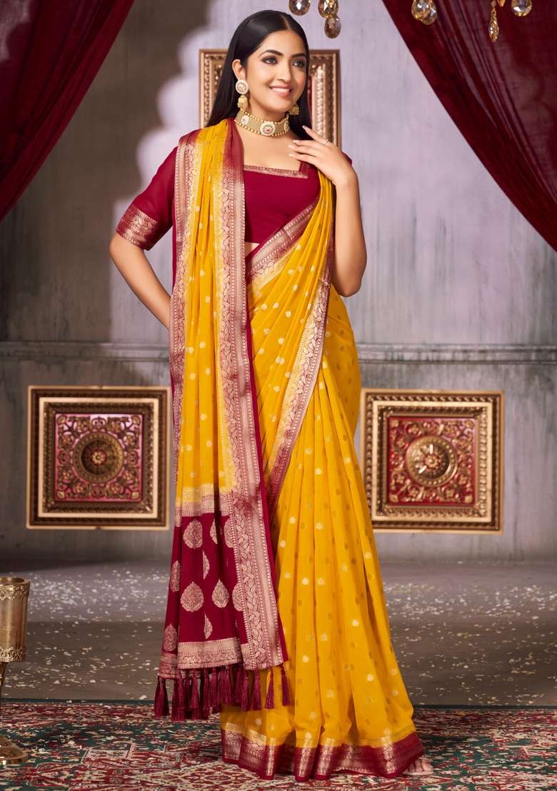 Yellow Printed Georgette Saree Set - Indya