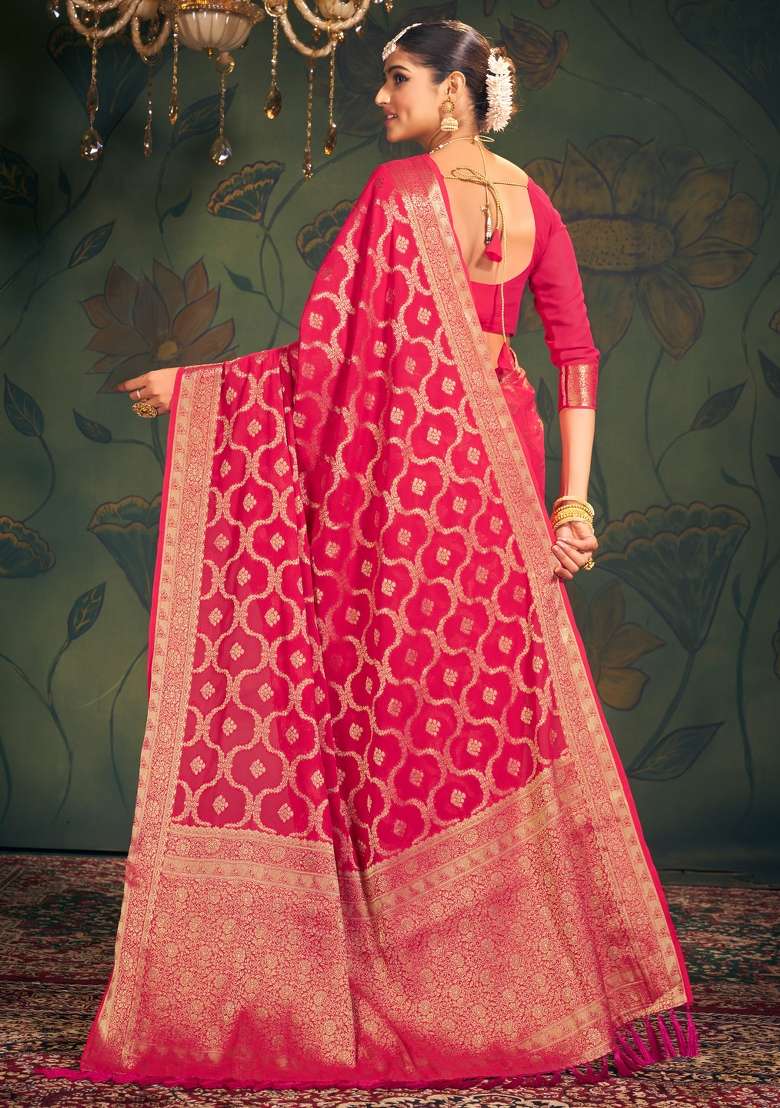 Pink Georgette Saree Set with Printed for Diwali | Wedding & Festive Wear - Indya