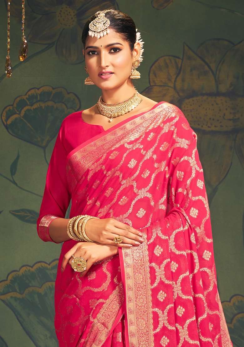 Pink Georgette Saree Set with Printed for Diwali | Wedding & Festive Wear - Indya