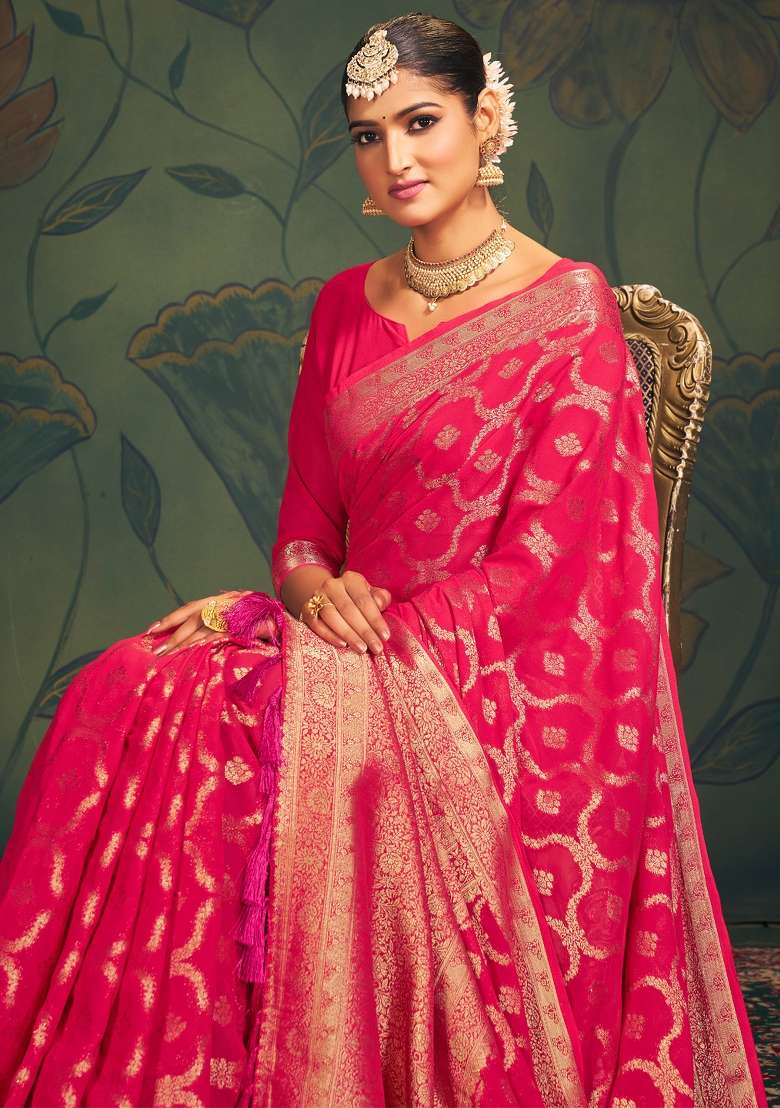 Pink Georgette Saree Set with Printed for Diwali | Wedding & Festive Wear - Indya