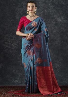 Teal Blue Printed Silk Blend Saree Set