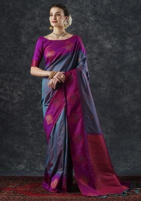 Teal Blue Printed Silk Blend Saree Set