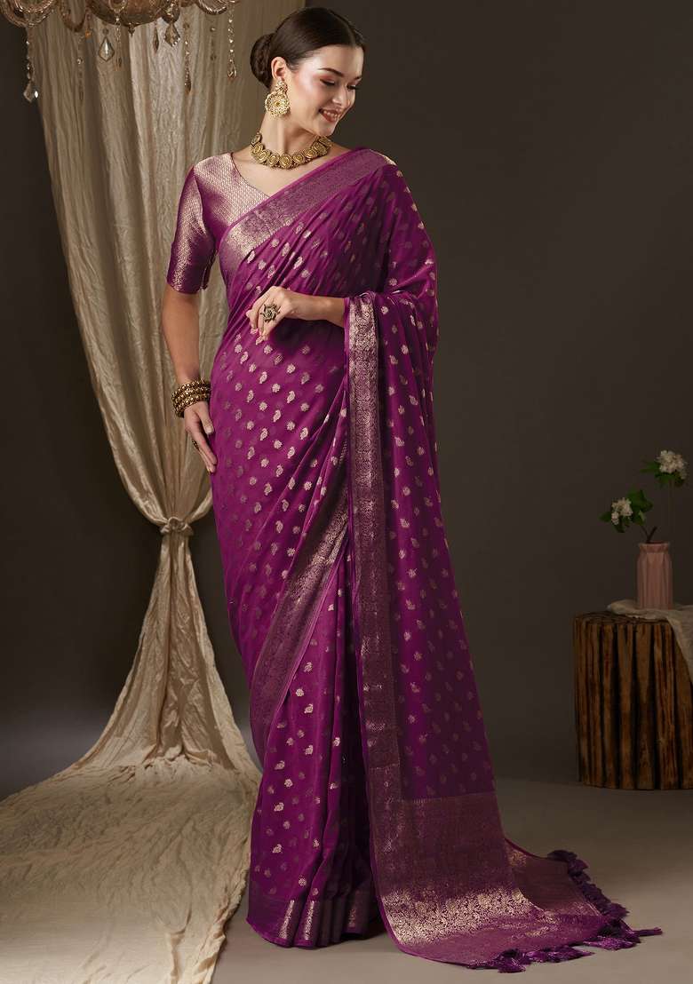 Magenta Printed Georgette Saree Set for Diwali and Festive Wear - Indya