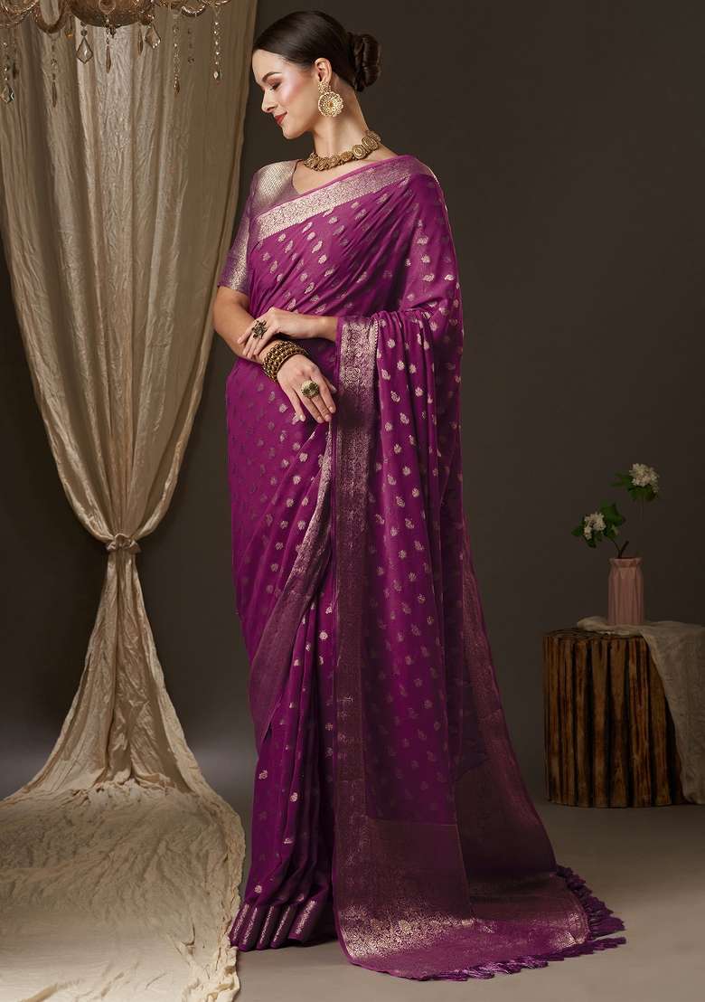 Magenta Printed Georgette Saree Set for Diwali and Festive Wear - Indya