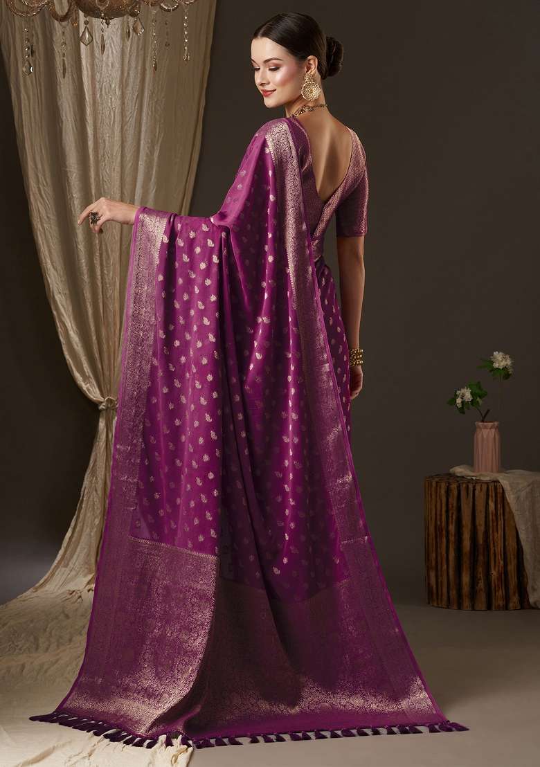 Magenta Printed Georgette Saree Set for Diwali and Festive Wear - Indya