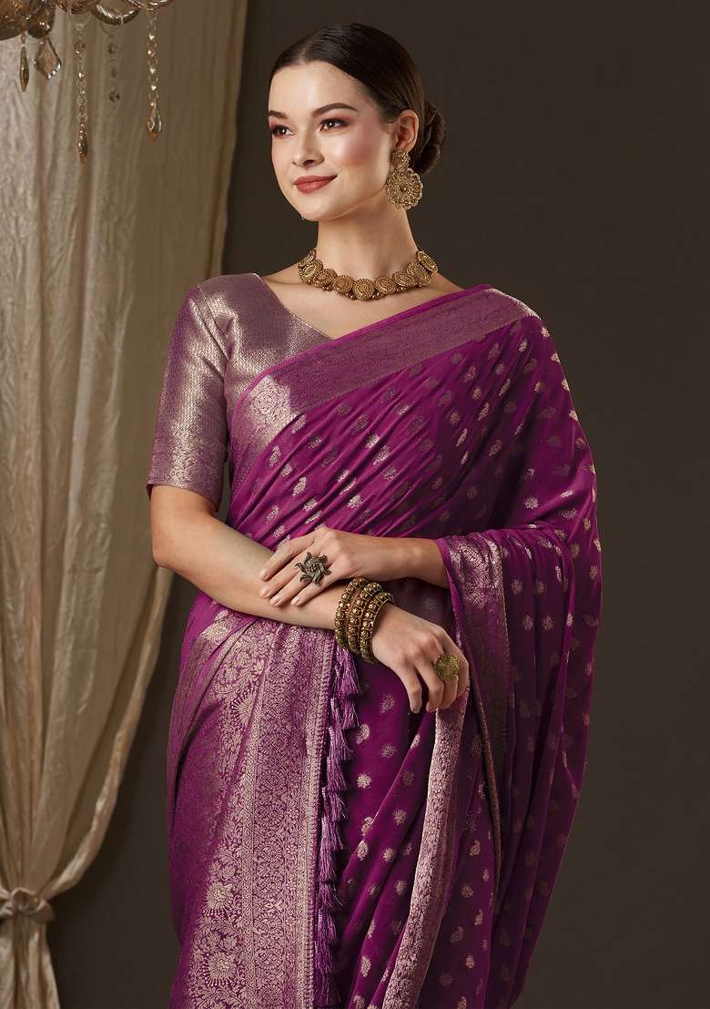 Magenta Printed Georgette Saree Set for Diwali and Festive Wear - Indya