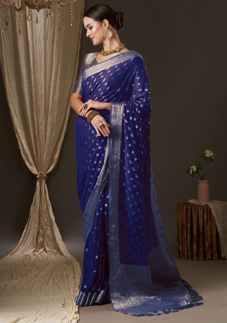 Navy Blue Printed Georgette Saree Set - Indya