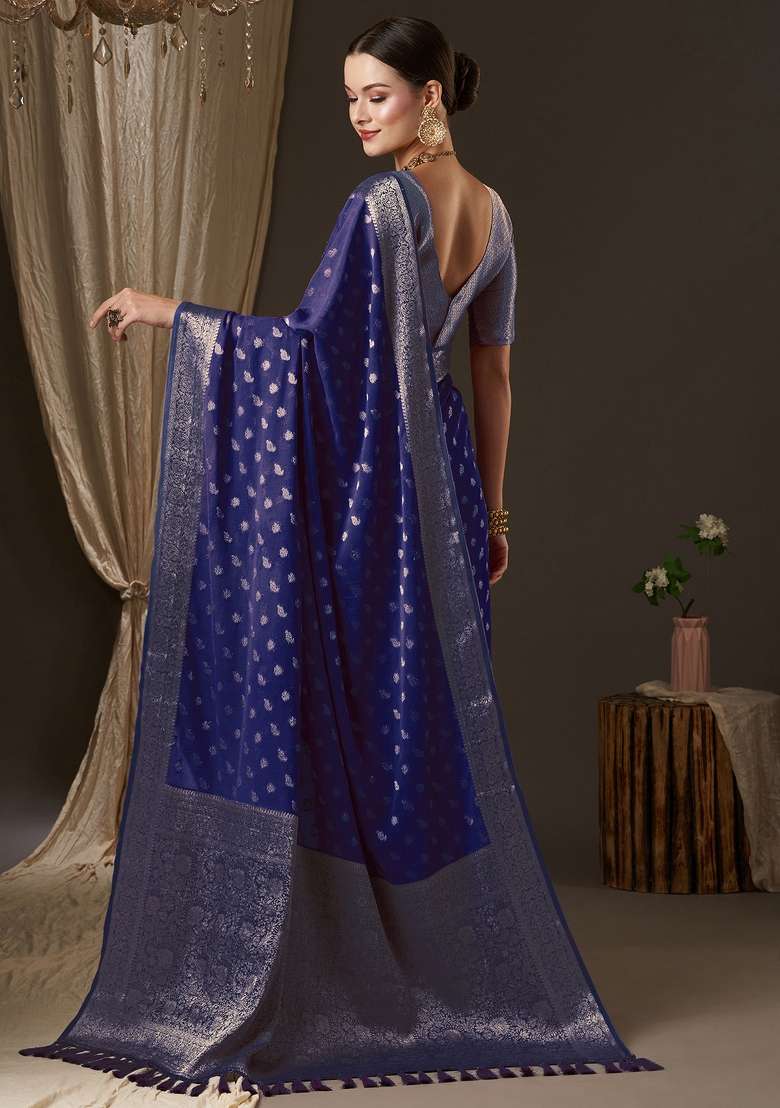 Navy Blue Printed Georgette Saree Set - Indya