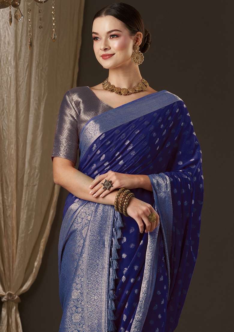 Navy Blue Printed Georgette Saree Set - Indya