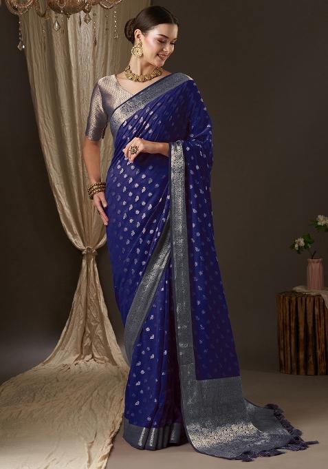 Navy Blue Printed Georgette Saree Set — view on Indya