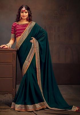 Teal Blue Printed Vichitra Silk Blend Saree Set