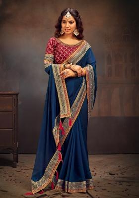 Teal Blue Printed Vichitra Silk Blend Saree Set