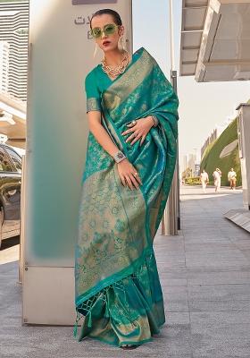 Teal Blue Printed Kanjeevaram Silk Blend Saree Set