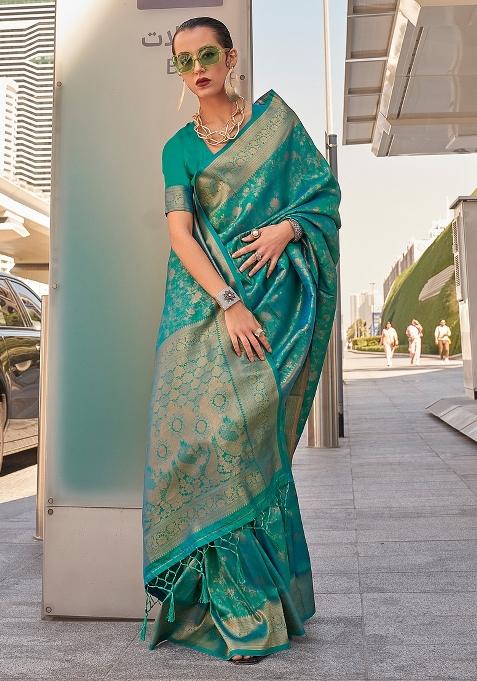 Teal Blue Printed Kanjeevaram Silk Saree Set — view on Indya