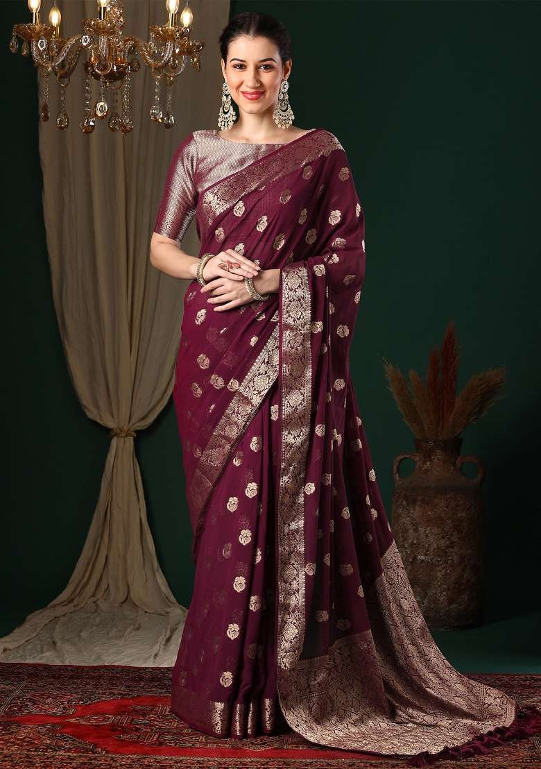 Magenta Printed Georgette Saree Set for Diwali and Festive Wear - Indya