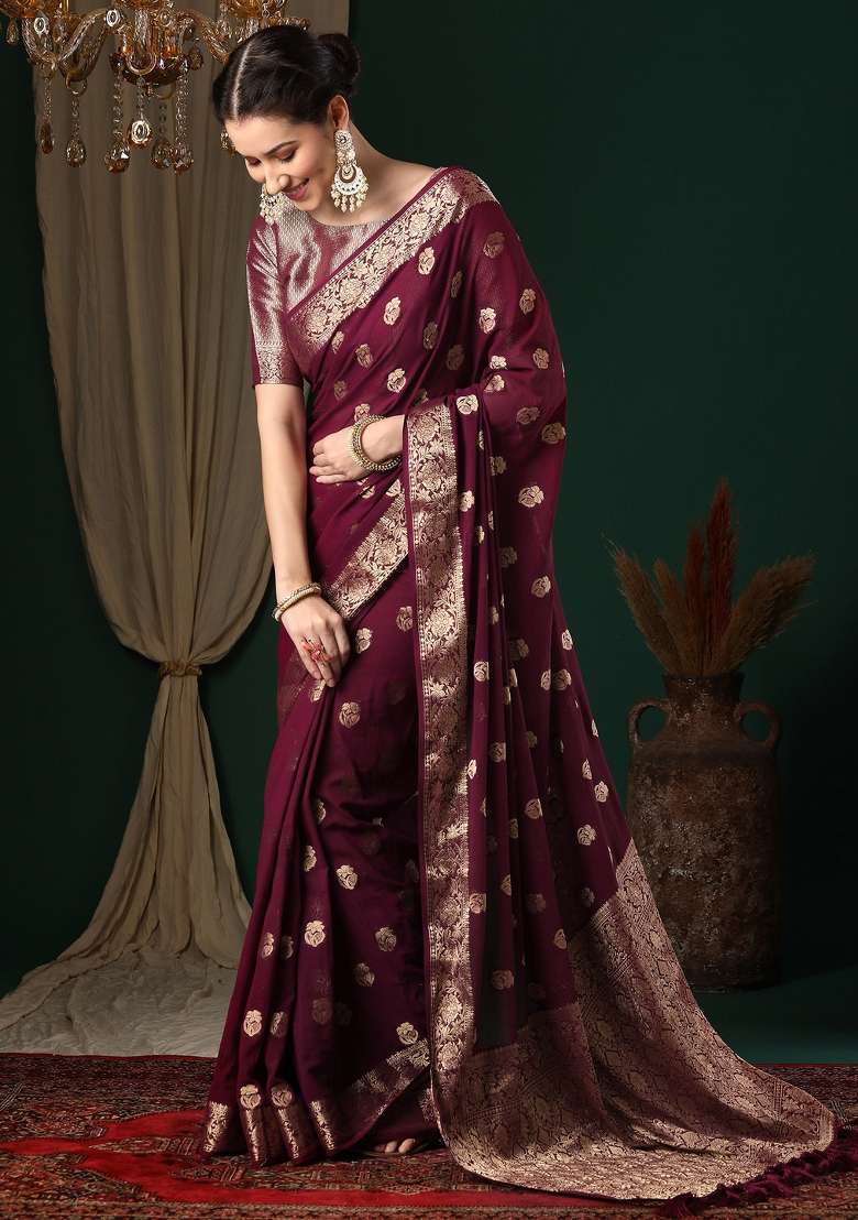 Magenta Printed Georgette Saree Set for Diwali and Festive Wear - Indya