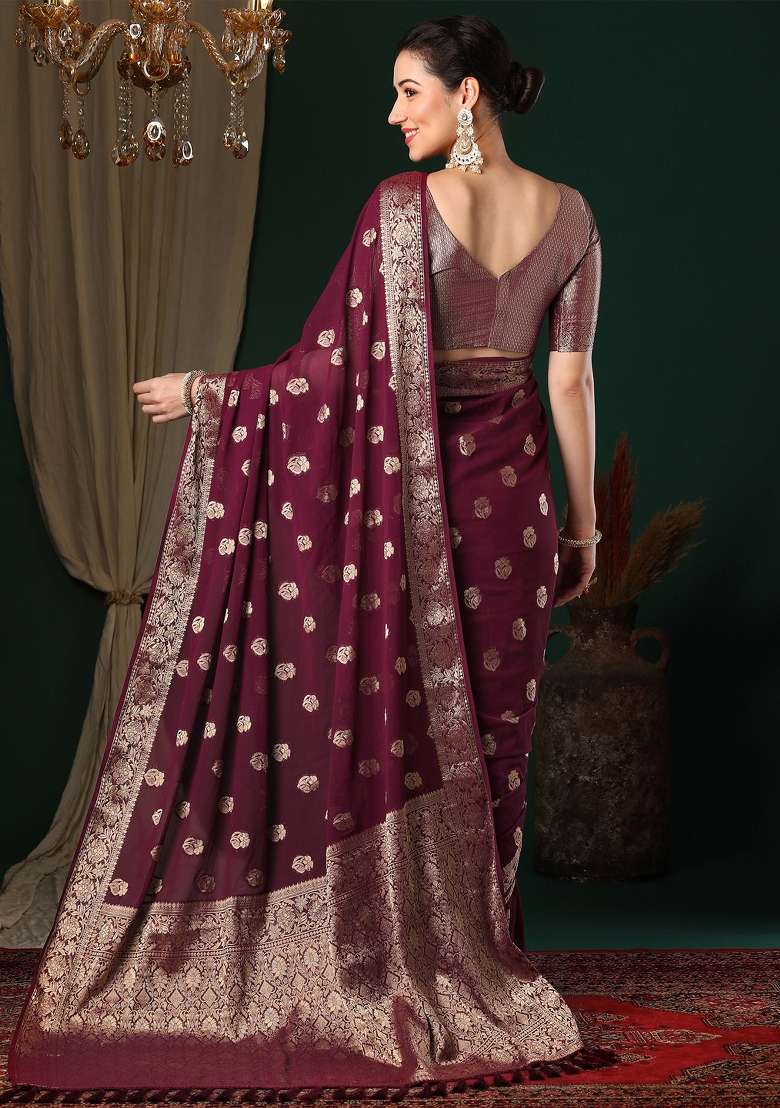 Magenta Printed Georgette Saree Set for Diwali and Festive Wear - Indya