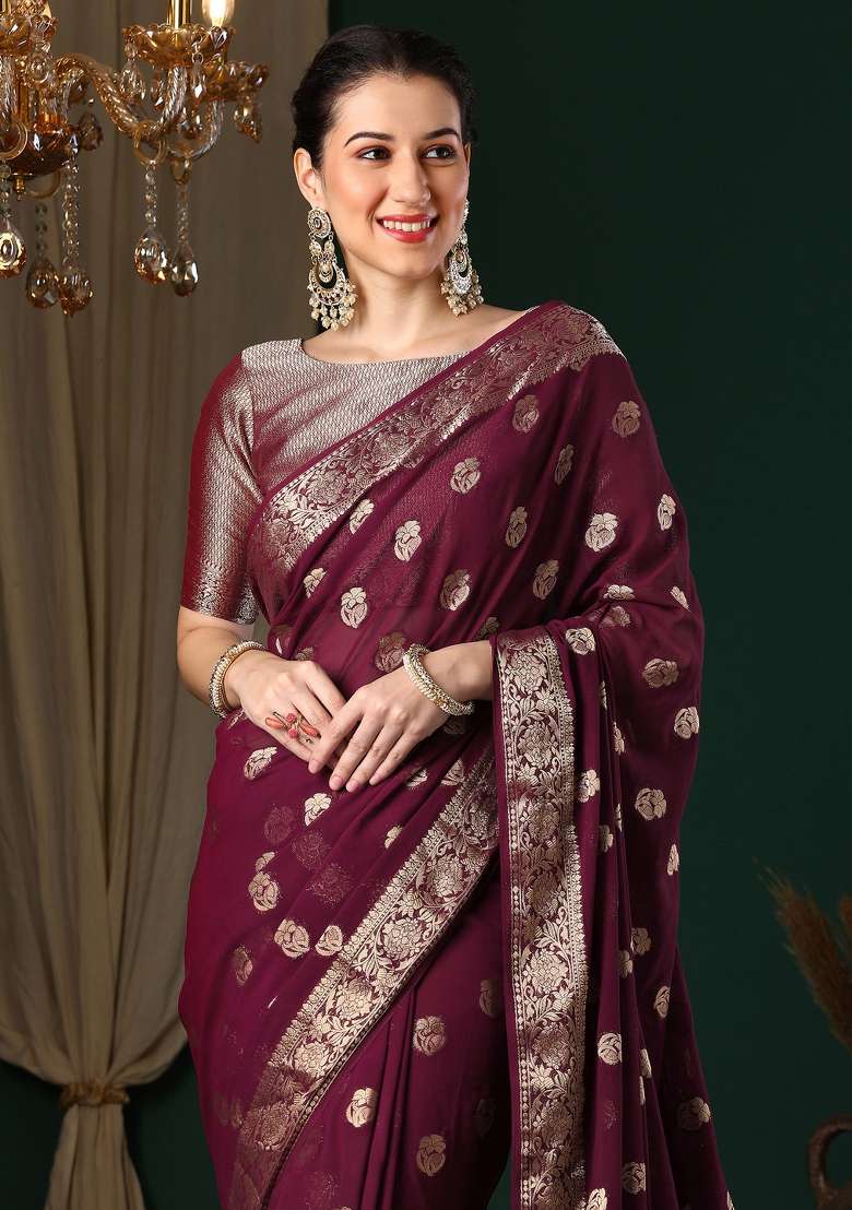 Magenta Printed Georgette Saree Set for Diwali and Festive Wear - Indya