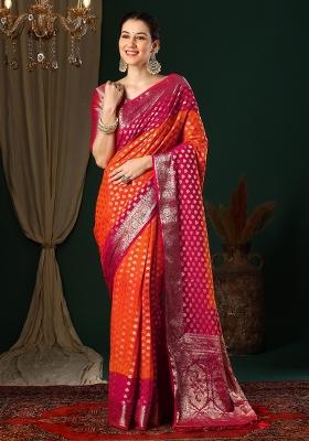 Orange Printed Georgette Saree Set