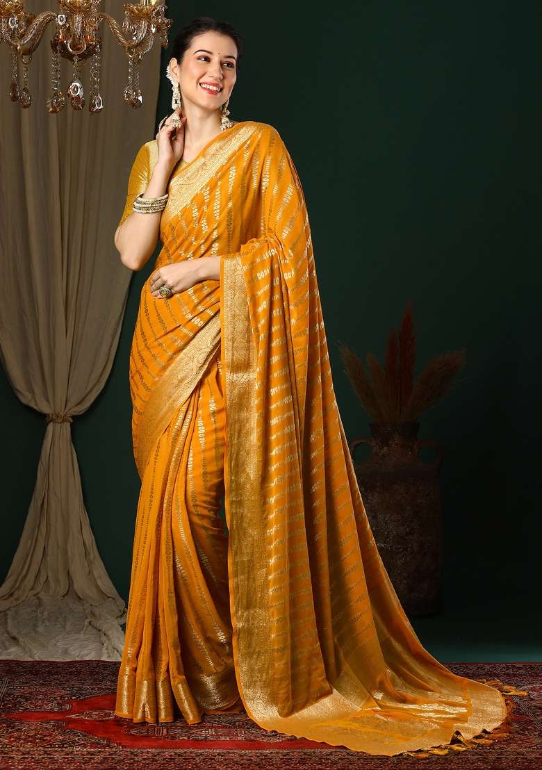 Yellow Printed Georgette Saree Set - Indya