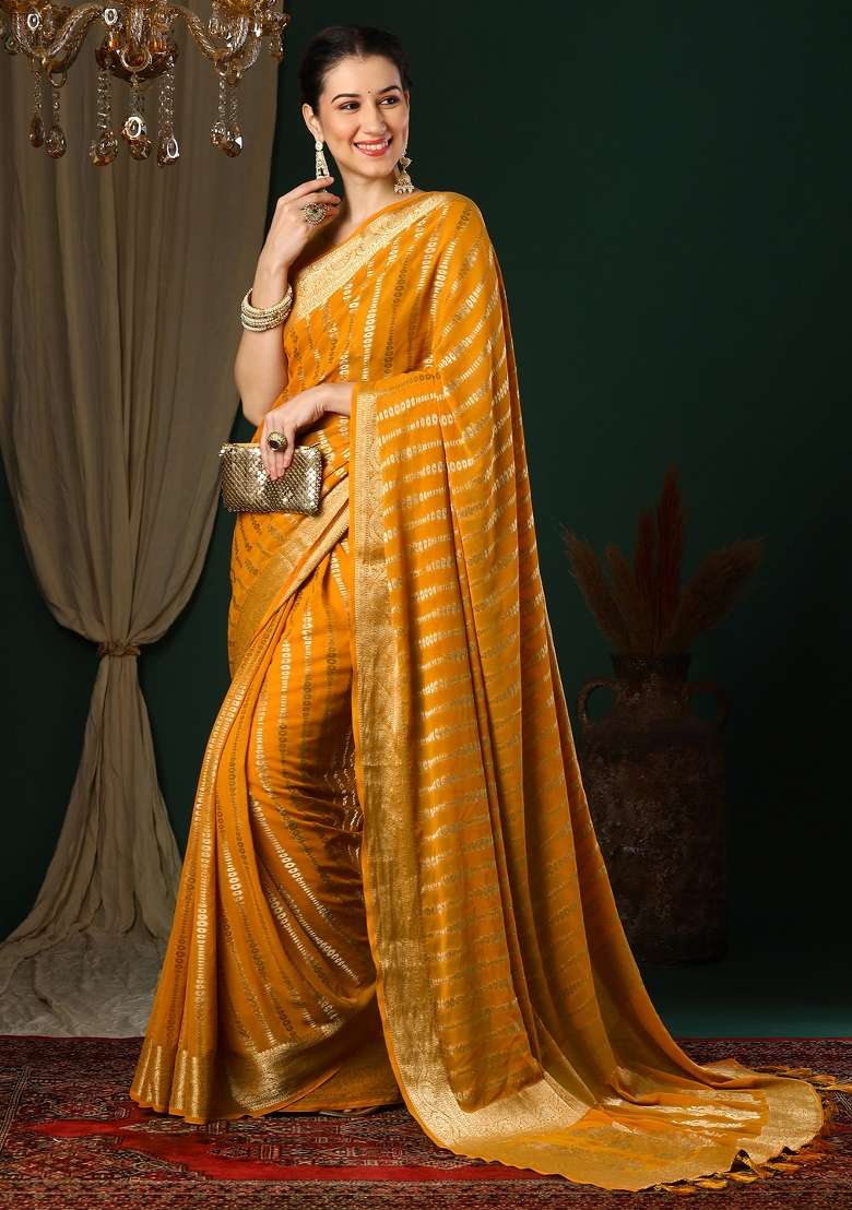Yellow Printed Georgette Saree Set - Indya