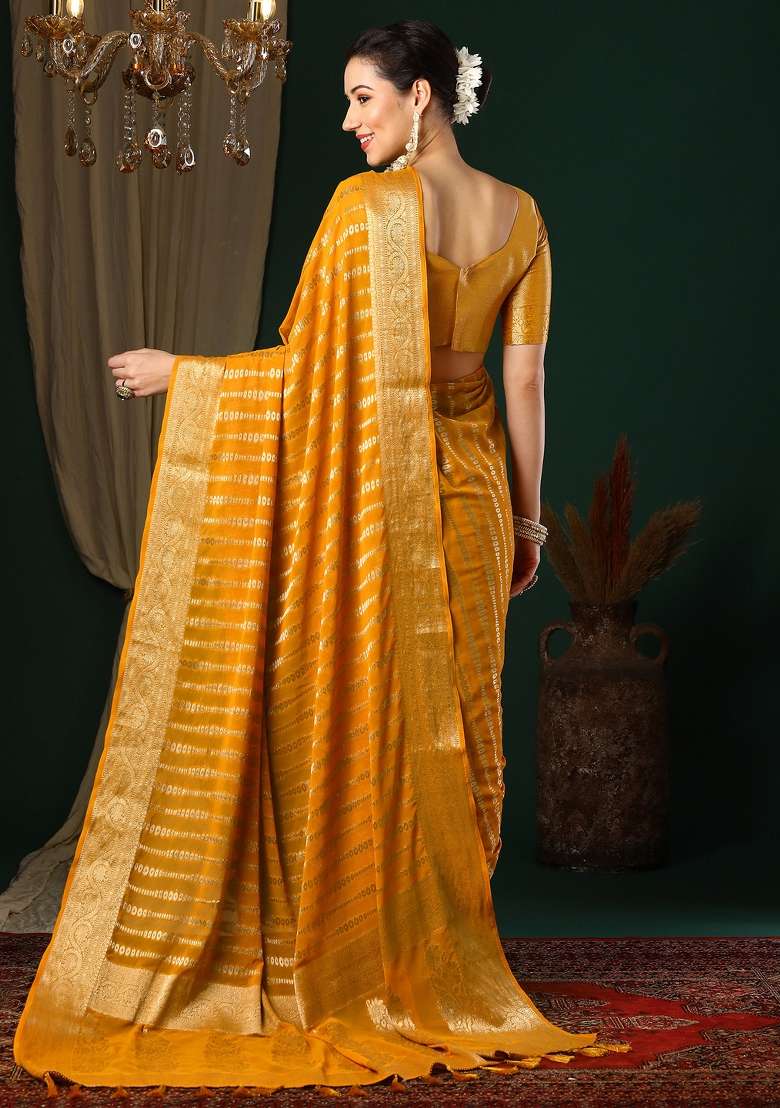 Yellow Printed Georgette Saree Set - Indya