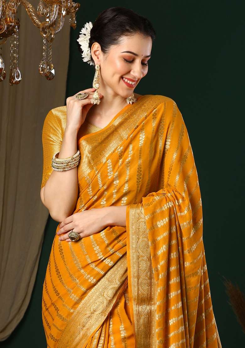 Yellow Printed Georgette Saree Set - Indya