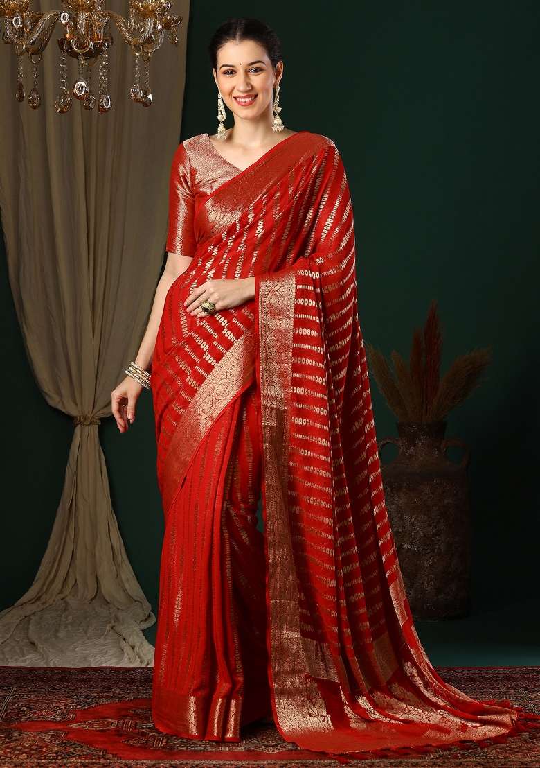 Red Printed Georgette Saree Set - Indya
