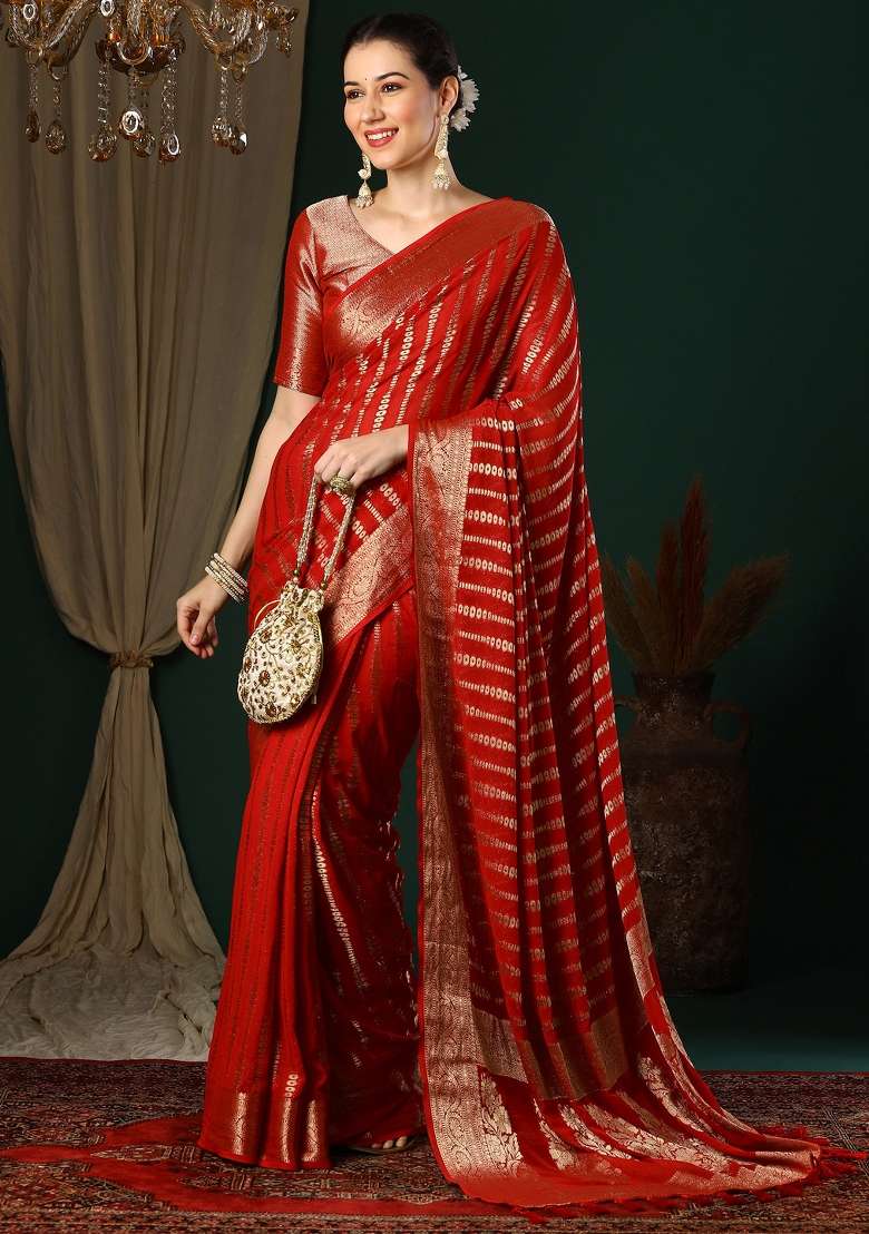 Red Printed Georgette Saree Set - Indya