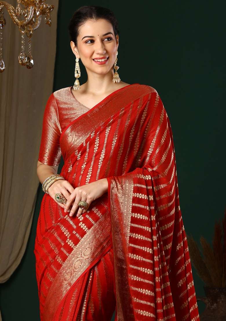 Red Printed Georgette Saree Set - Indya