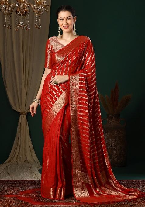 Red Printed Georgette Saree Set — view on Indya