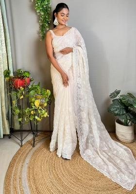 Off White Printed Georgette Saree Set